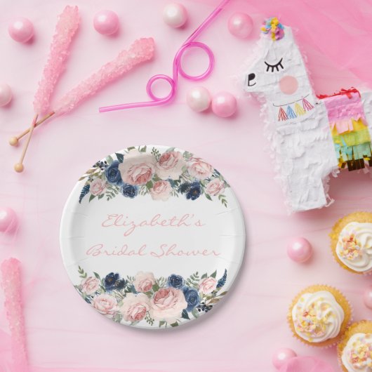 Blush Pink Navy Blue Peony Wedding Pappteller (Party)