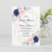 Blush Pink & Navy Blue Rose Babydusche Einladung (Stehend Vorderseite)