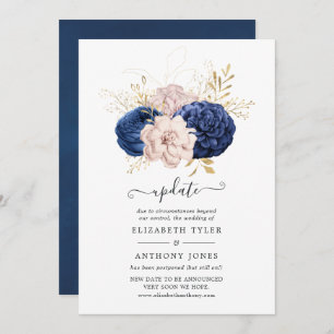 Blush Pink, Navy Blue und Gold Hochzeitsaktualisie Einladung