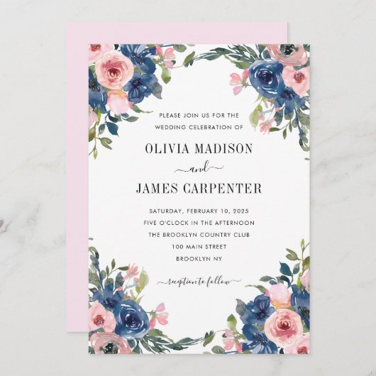 Blush Pink Navy Blue Watercolor Blumenzehen Einladung (Vorne/Hinten)