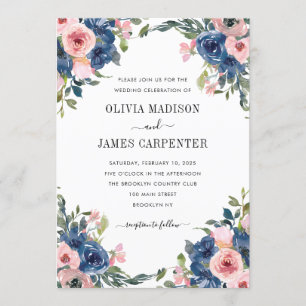 Blush Pink Navy Blue Watercolor Blumenzehen Einladung