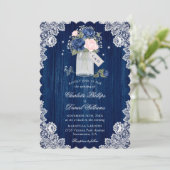 Blush Pink Navy Blue Wood Mason Jar Wedding Einladung (Stehend Vorderseite)