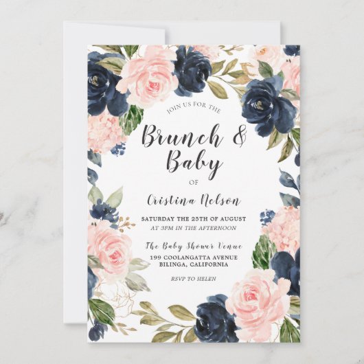 Blush Pink & Navy Blumengarten Baby Duschbrunch Einladung (Vorderseite)
