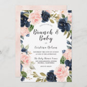 Blush Pink & Navy Blumengarten Baby Duschbrunch Einladung (Vorne/Hinten)