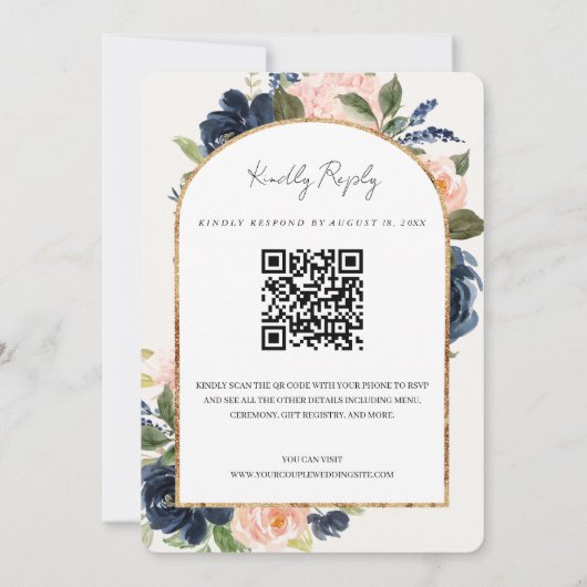 Blush Pink Navy Floral Arch QR Code UAWG Wedding Einladung (Rückseite)