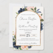 Blush Pink Navy Floral Arch QR Code UAWG Wedding Einladung (Vorderseite)