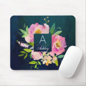 BLUSH PINK & NAVY Floral Bouquet Monogramm Mousepad (Mit Mouse)