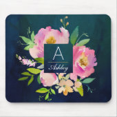 BLUSH PINK & NAVY Floral Bouquet Monogramm Mousepad (Vorne)