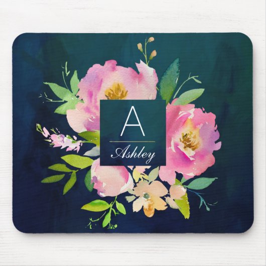 BLUSH PINK & NAVY Floral Bouquet Monogramm Mousepad (Vorne)