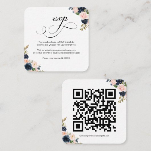 Blush Pink & Navy Floral QR Code Wedding RSVP Card Begleitkarte (Vorne/Hinten)