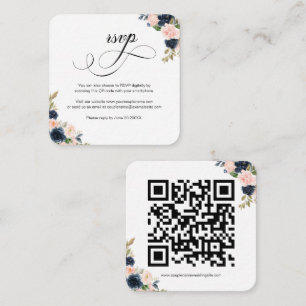 Blush Pink & Navy Floral QR Code Wedding RSVP Card Begleitkarte