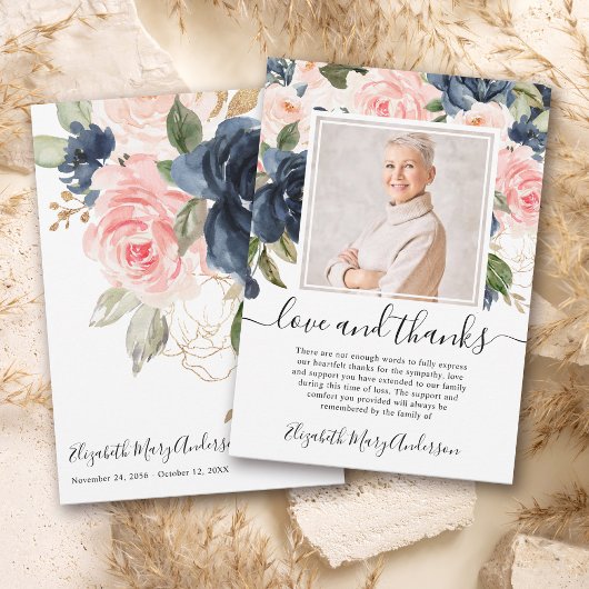 Blush Pink Navy Floral Vielen Dank Bereavement Fot Dankeskarte