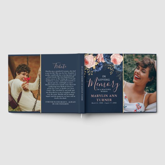 Blush Pink & Navy Florals Elegantes Gedenktribut Gästebuch (Voll)