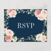Blush Pink Navy Geometric Botanical Wedding RSVP Postkarte (Vorderseite)