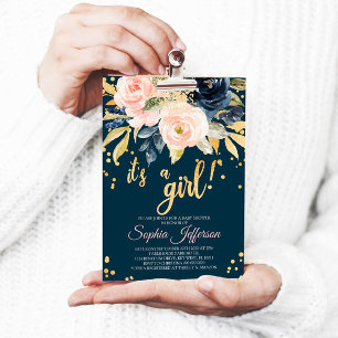 Blush Pink, Navy & Gold Baby Dusche Einladung