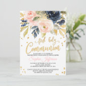 Blush Pink, Navy & Gold Erste heilige Kommune Einladung (Stehend Vorderseite)