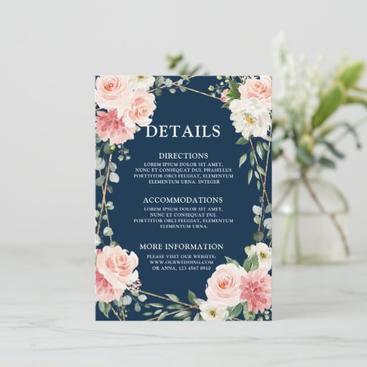Blush Pink Navy Gold Geometric Botanical Wedding Begleitkarte (Stehend Vorderseite)