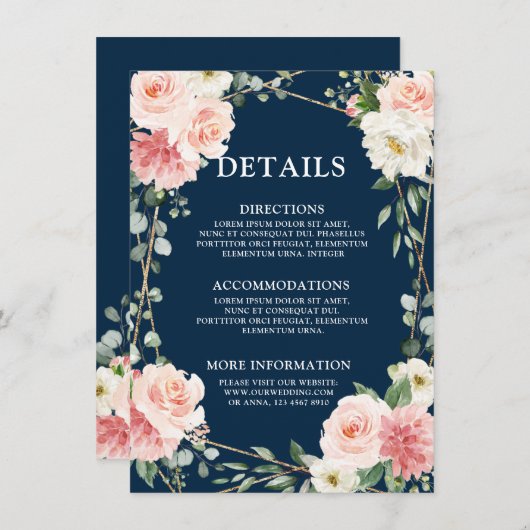 Blush Pink Navy Gold Geometric Botanical Wedding Begleitkarte (Vorne/Hinten)