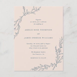 Blush Pink & Navy Hand gezeichnet Zweige Hochzeit Einladungspostkarte