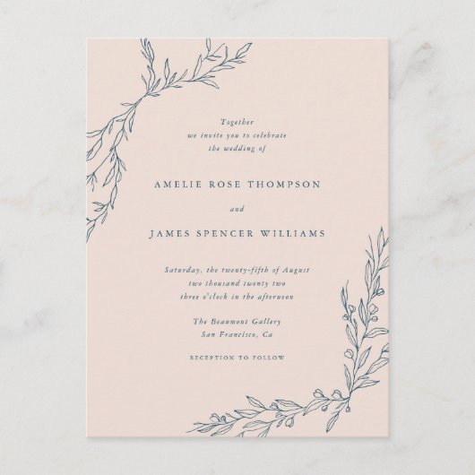 Blush Pink & Navy Hand gezeichnet Zweige Hochzeit Einladungspostkarte (Vorderseite)