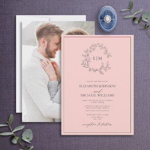 Blush Pink Navy Monogram Foto Wedding Einladung