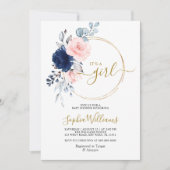 Blush Pink & Navy Rose Blumenkreide Kinderdusche Einladung (Vorderseite)