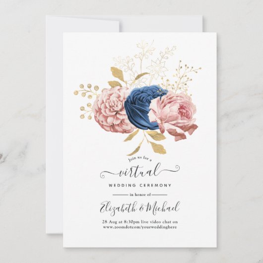 Blush Pink, Navy und Gold Bloral Virtual Wedding Einladung (Vorderseite)