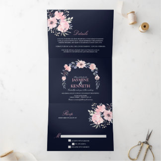 Blush Pink & Navy Wasserfarbe Blumenzehen Dreifach Gefaltete Einladung