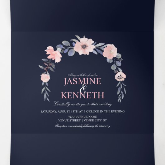 Blush Pink & Navy Wasserfarbe Blumenzehen Dreifach Gefaltete Einladung (Innenseite Mitte)