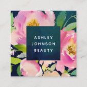 BLUSH PINK & NAVY Watercolor Floral Bouquet Quadratische Visitenkarte (Vorderseite)