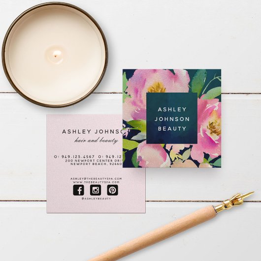 BLUSH PINK & NAVY Watercolor Floral Bouquet Quadratische Visitenkarte