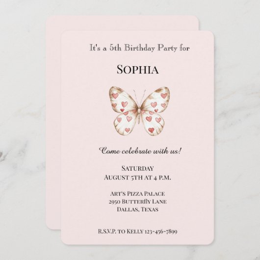 Blush Pink Niedlich Butterfly Rotes Herz Geburtsta Einladung (Vorne/Hinten)