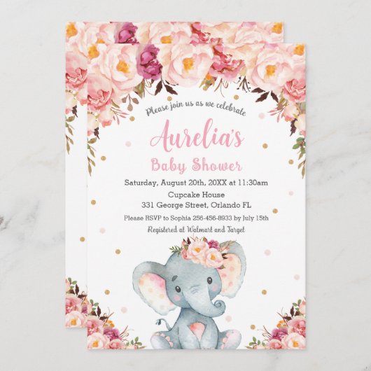 Blush Pink Niedlich Elephant Baby Shower Girl Einladung (Vorne/Hinten)
