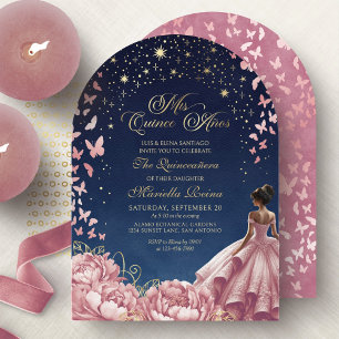 Blush Pink Night Sky Schmetterlinge Quinceanera Einladung