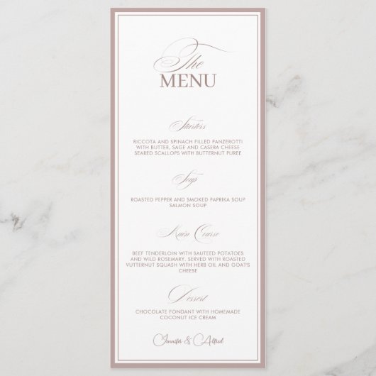 Blush Pink Old Money Wedding Dinner Menu Card Menükarte (Vorderseite)