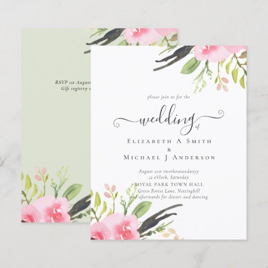 Blush Pink Olive Quality Budget Hochzeit Einladung (Vorne/Hinten)