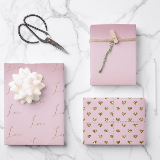 Blush Pink Ombre Glitzer Gold Liebe Geschenkpapier Set (Vorderseite)