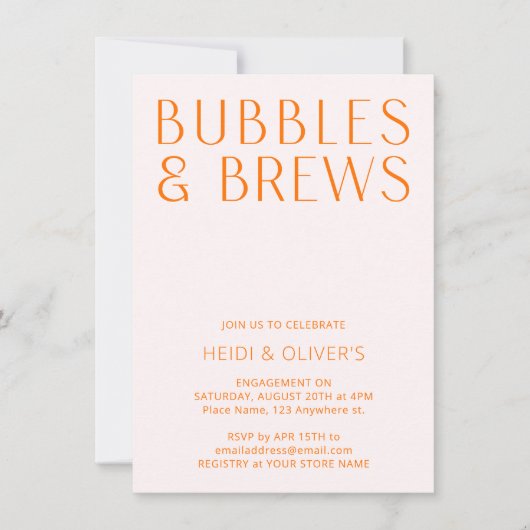 Blush Pink & Orange Bubbles & Brews Verlobung Einladung (Vorderseite)