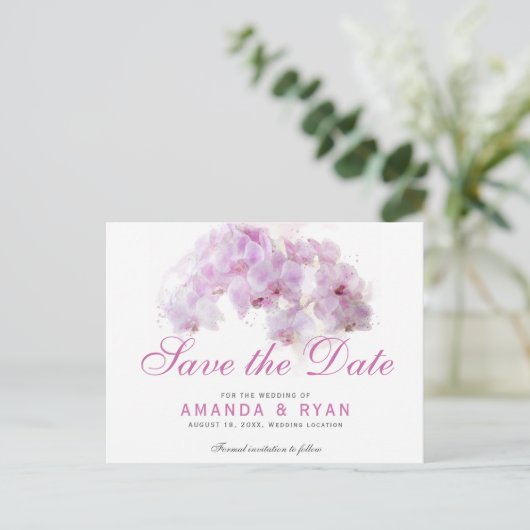 Blush Pink Orchid Wasserfarbe Blume Blumenzehen Ankündigungspostkarte (Stehend Vorderseite)