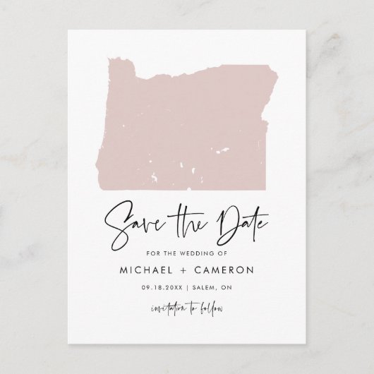 Blush Pink Oregon Karte Modern Script Save the Dat (Vorderseite)