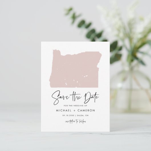 Blush Pink Oregon Karte Modern Script Save the Dat (Stehend Vorderseite)