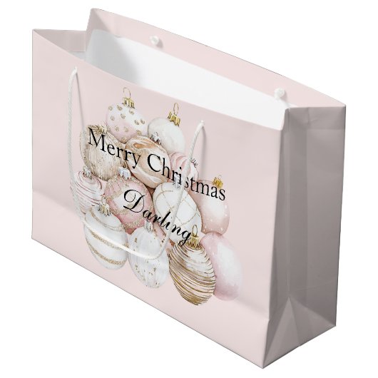 Blush Pink Ornamente Weihnachten Große Geschenktüte (Vorderseite Schrägansicht)