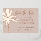 Blush Pink Palm Tree Beach Hochzeit Save the Date Folieneinladung (Vorderseite)