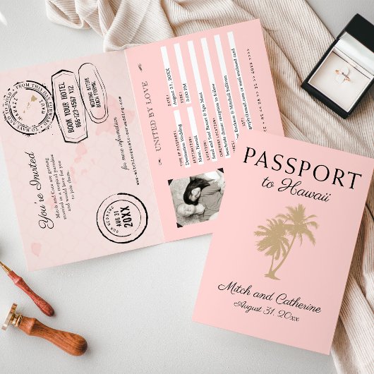Blush Pink Palm Tree Hawaii Passport Wedding Einladung
