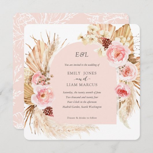 Blush Pink Pampas Grass Boho Blumenplatz Hochzeit Einladung (Vorne/Hinten)