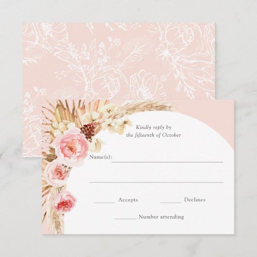 Blush Pink Pampas Grass Boho Floral Wedding RSVP Karte (Vorne/Hinten)