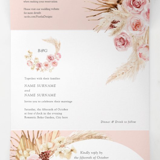 Blush Pink Pampas Grass Modern Boho 3 in 1 Dreifach Gefaltete Einladung (Innenseite Mitte)