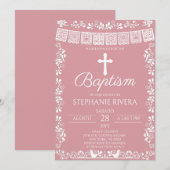 Blush Pink Papel Picado Baptism Einladung (Vorne/Hinten)