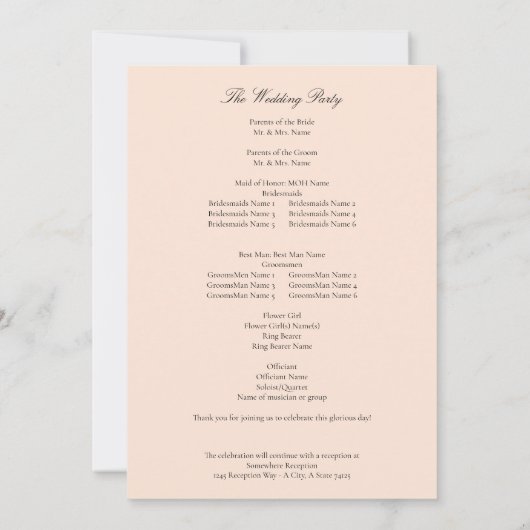Blush Pink Pastel Hochzeitsprogramm Einladung (Rückseite)