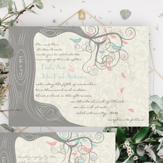 Blush Pink Pastel Mint und Gray Lovebird Wedding Einladung